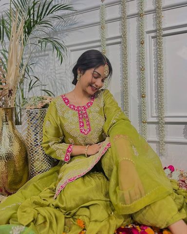 Wedding Wear Parrot Green Color Heavy Chinon Silk With Heavy Coding Embroidery Sequence Work Sharara Suit