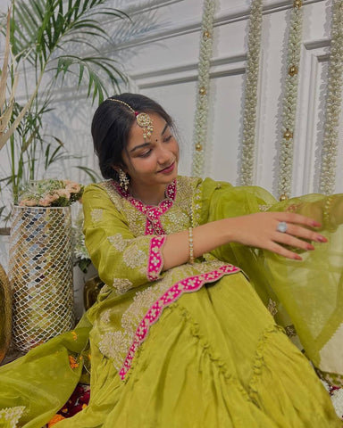 Wedding Wear Parrot Green Color Heavy Chinon Silk With Heavy Coding Embroidery Sequence Work Sharara Suit