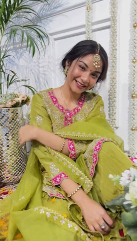 Wedding Wear Parrot Green Color Heavy Chinon Silk With Heavy Coding Embroidery Sequence Work Sharara Suit