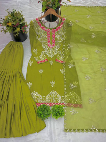 Wedding Wear Parrot Green Color Heavy Chinon Silk With Heavy Coding Embroidery Sequence Work Sharara Suit