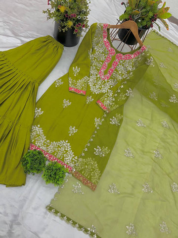 Wedding Wear Parrot Green Color Heavy Chinon Silk With Heavy Coding Embroidery Sequence Work Sharara Suit