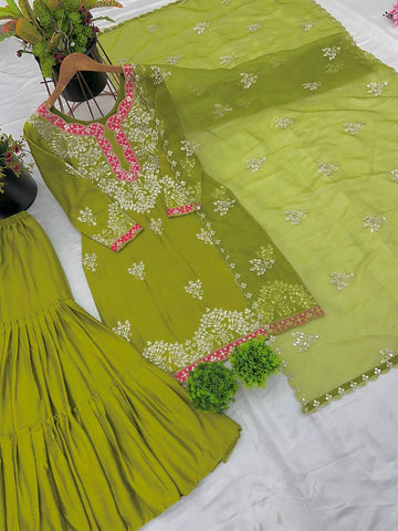 Wedding Wear Parrot Green Color Heavy Chinon Silk With Heavy Coding Embroidery Sequence Work Sharara Suit