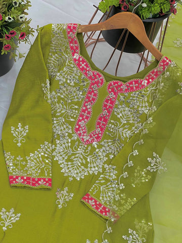 Wedding Wear Parrot Green Color Heavy Chinon Silk With Heavy Coding Embroidery Sequence Work Sharara Suit