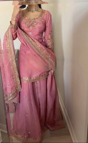 Wedding Wear Pink Color Heavy Pure Chinon Silk With 5mm Embroidery Sequence Work Sharara Suit