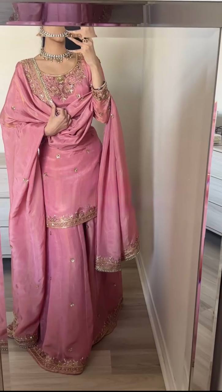 Wedding Wear Pink Color Heavy Pure Chinon Silk With 5mm Embroidery Sequence Work Sharara Suit