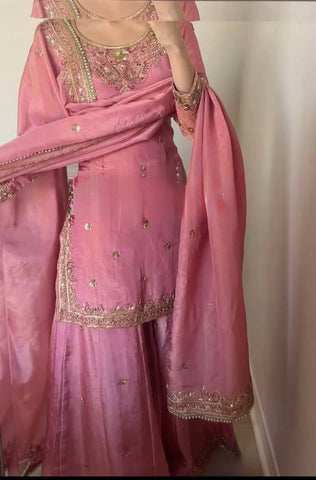 Wedding Wear Pink Color Heavy Pure Chinon Silk With 5mm Embroidery Sequence Work Sharara Suit
