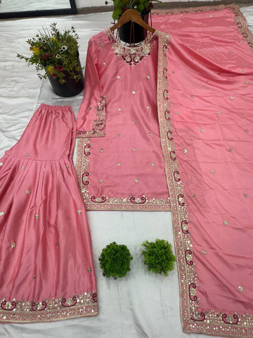Wedding Wear Pink Color Heavy Pure Chinon Silk With 5mm Embroidery Sequence Work Sharara Suit