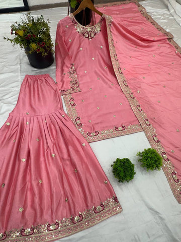 Wedding Wear Pink Color Heavy Pure Chinon Silk With 5mm Embroidery Sequence Work Sharara Suit
