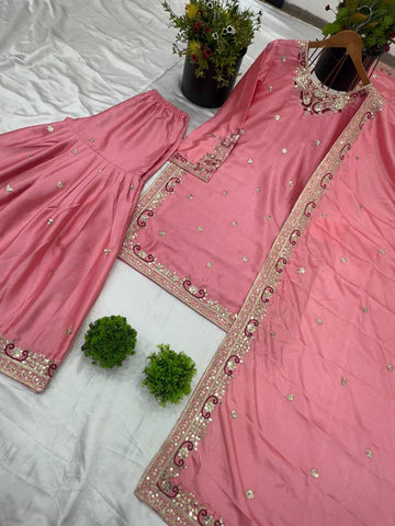Wedding Wear Pink Color Heavy Pure Chinon Silk With 5mm Embroidery Sequence Work Sharara Suit