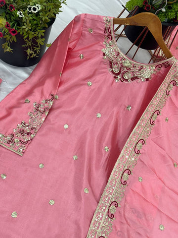 Wedding Wear Pink Color Heavy Pure Chinon Silk With 5mm Embroidery Sequence Work Sharara Suit