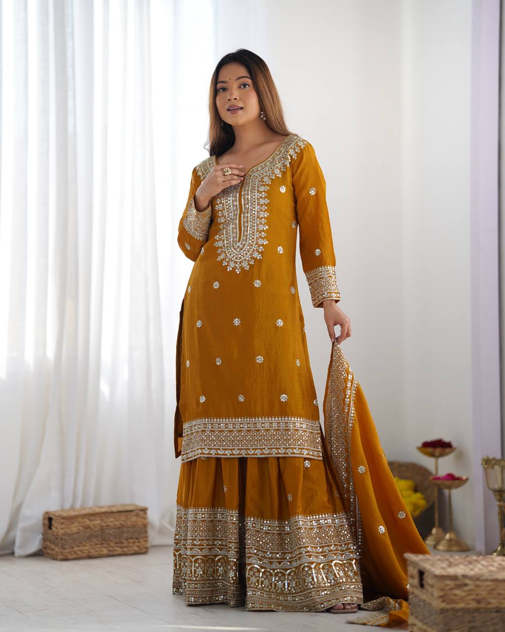 Function Wear Mustard Color Pure Heavy Chinon Silk With Embroidery And 5mm Sequence Work Sharara Suit