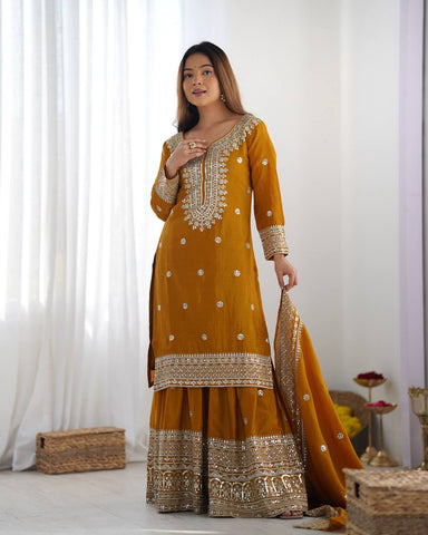 Function Wear Mustard Color Pure Heavy Chinon Silk With Embroidery And 5mm Sequence Work Sharara Suit