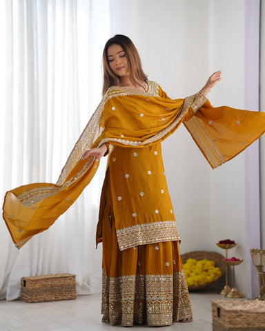 Function Wear Mustard Color Pure Heavy Chinon Silk With Embroidery And 5mm Sequence Work Sharara Suit
