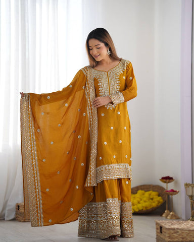 Function Wear Mustard Color Pure Heavy Chinon Silk With Embroidery And 5mm Sequence Work Sharara Suit