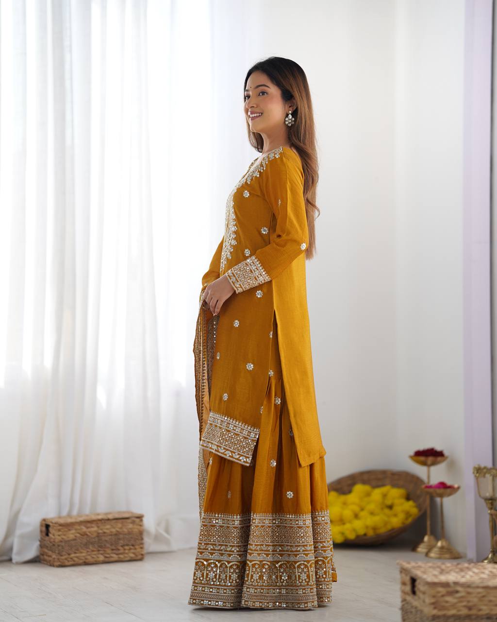 Function Wear Mustard Color Pure Heavy Chinon Silk With Embroidery And 5mm Sequence Work Sharara Suit