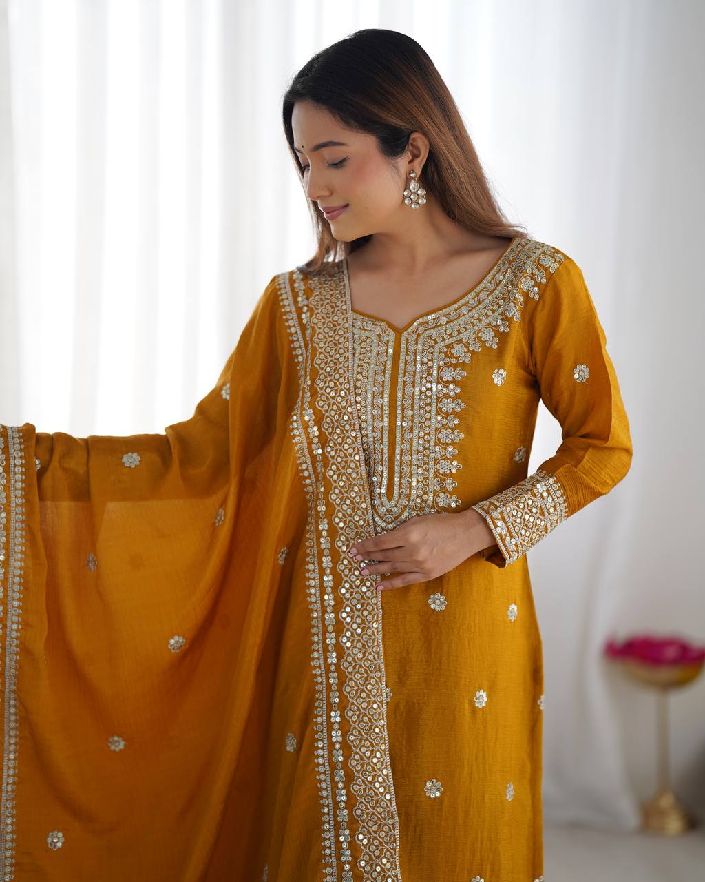 Function Wear Mustard Color Pure Heavy Chinon Silk With Embroidery And 5mm Sequence Work Sharara Suit