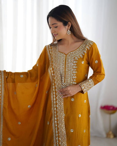 Function Wear Mustard Color Pure Heavy Chinon Silk With Embroidery And 5mm Sequence Work Sharara Suit