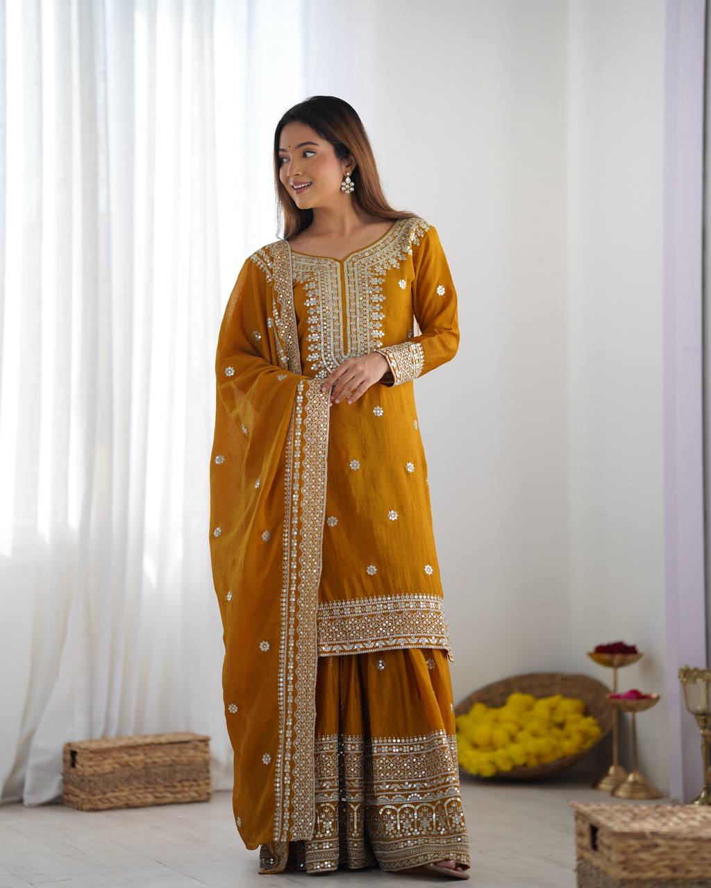 Function Wear Mustard Color Pure Heavy Chinon Silk With Embroidery And 5mm Sequence Work Sharara Suit
