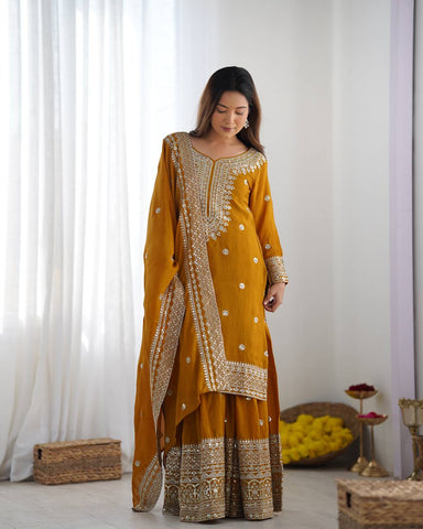 Function Wear Mustard Color Pure Heavy Chinon Silk With Embroidery And 5mm Sequence Work Sharara Suit