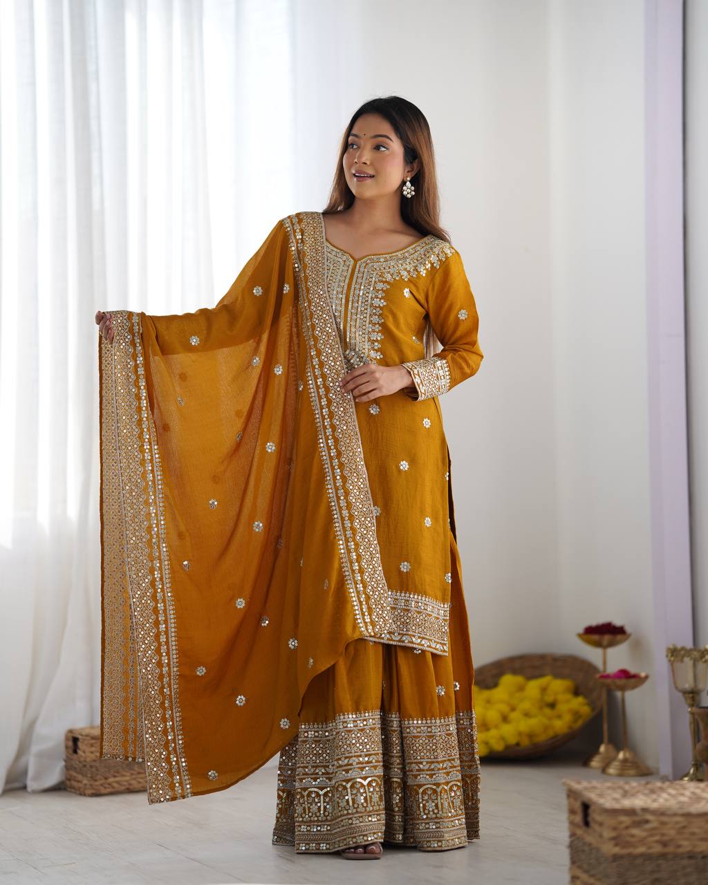 Function Wear Mustard Color Pure Heavy Chinon Silk With Embroidery And 5mm Sequence Work Sharara Suit