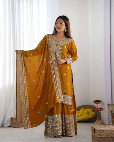 Function Wear Mustard Color Pure Heavy Chinon Silk With Embroidery And 5mm Sequence Work Sharara Suit
