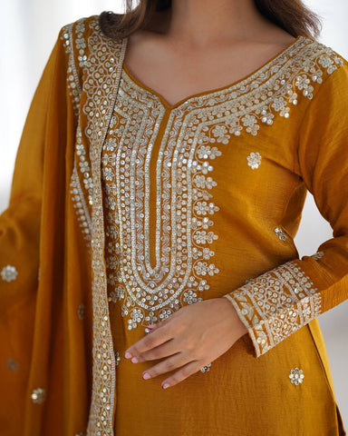 Function Wear Mustard Color Pure Heavy Chinon Silk With Embroidery And 5mm Sequence Work Sharara Suit