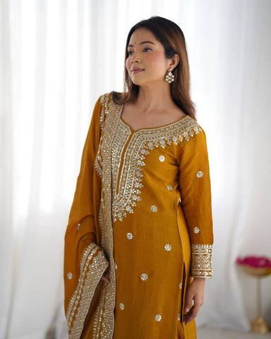 Function Wear Mustard Color Pure Heavy Chinon Silk With Embroidery And 5mm Sequence Work Sharara Suit