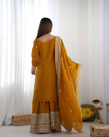 Function Wear Mustard Color Pure Heavy Chinon Silk With Embroidery And 5mm Sequence Work Sharara Suit