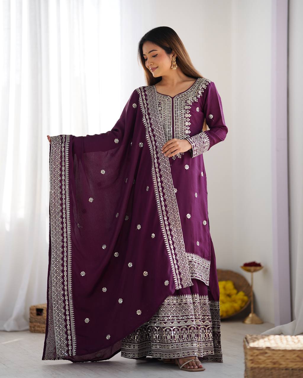 Function Wear Purple Color Pure Heavy Chinon Silk With Embroidery And 5mm Sequence Work Sharara Suit
