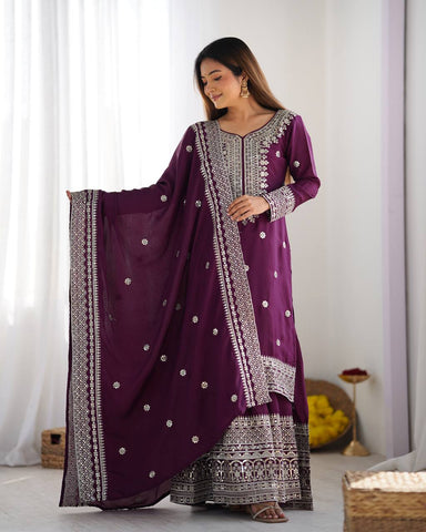 Function Wear Purple Color Pure Heavy Chinon Silk With Embroidery And 5mm Sequence Work Sharara Suit