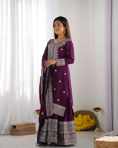 Function Wear Purple Color Pure Heavy Chinon Silk With Embroidery And 5mm Sequence Work Sharara Suit