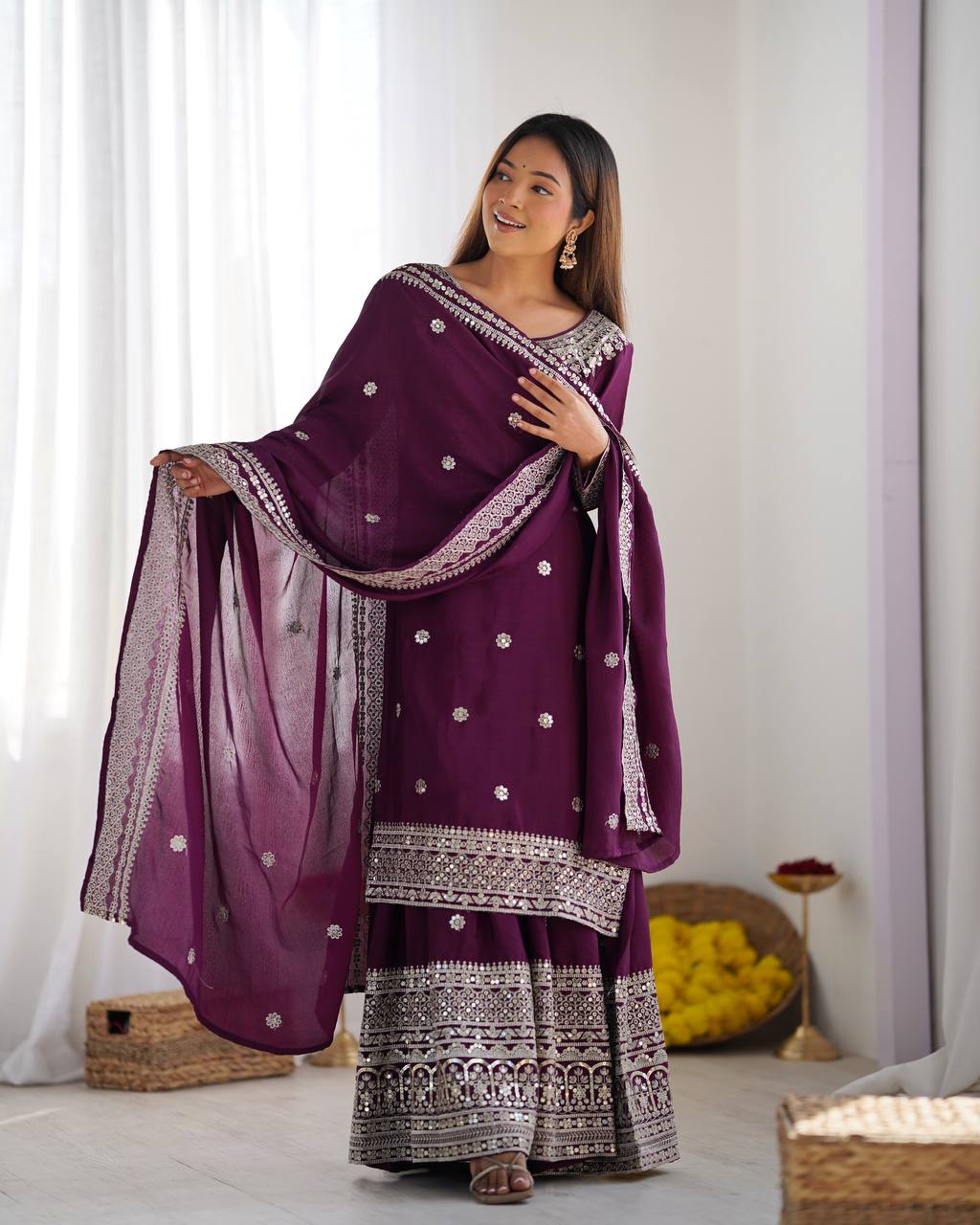 Function Wear Purple Color Pure Heavy Chinon Silk With Embroidery And 5mm Sequence Work Sharara Suit