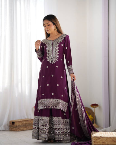 Function Wear Purple Color Pure Heavy Chinon Silk With Embroidery And 5mm Sequence Work Sharara Suit
