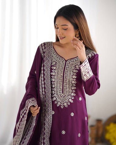 Function Wear Purple Color Pure Heavy Chinon Silk With Embroidery And 5mm Sequence Work Sharara Suit