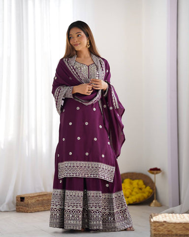 Function Wear Purple Color Pure Heavy Chinon Silk With Embroidery And 5mm Sequence Work Sharara Suit