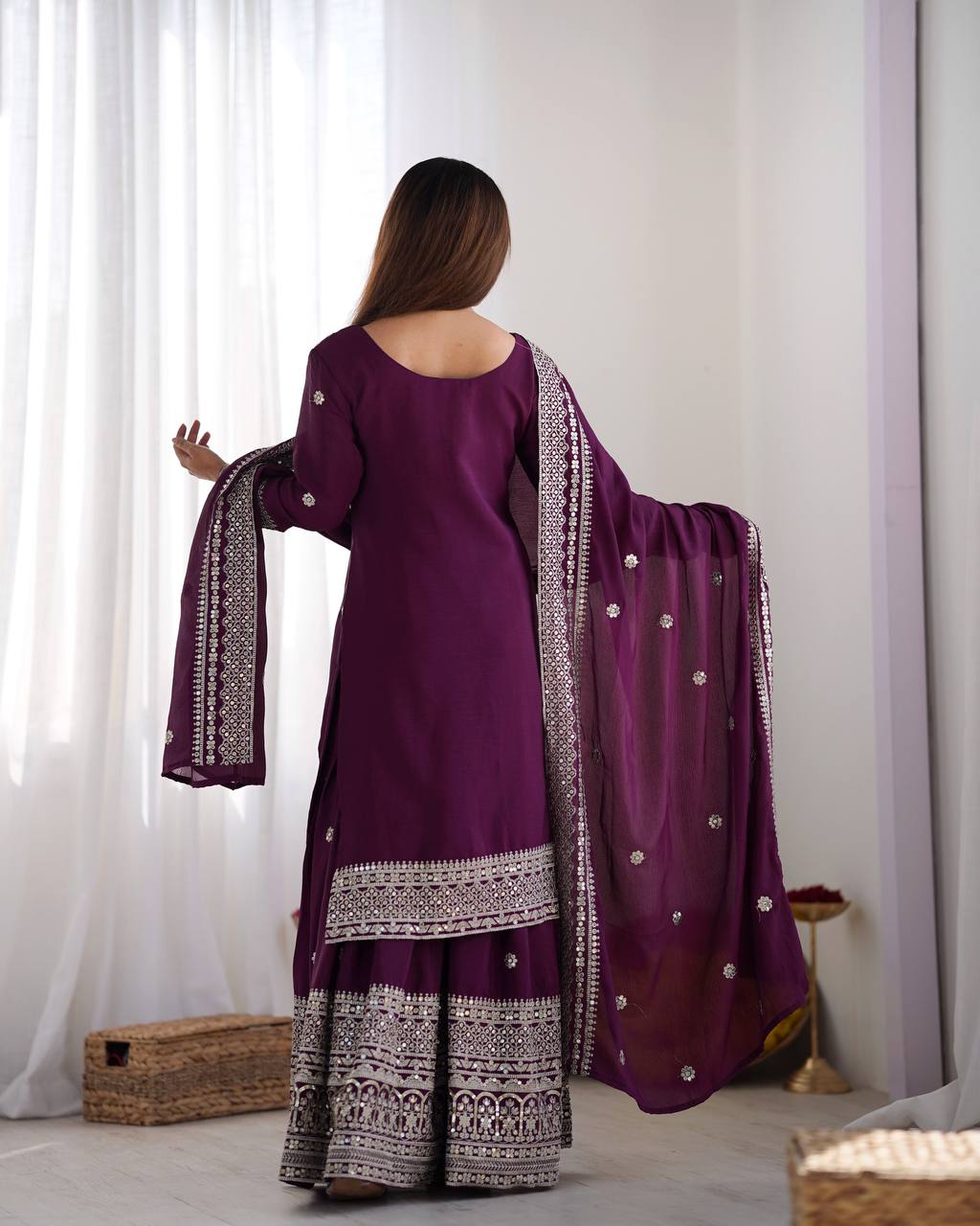 Function Wear Purple Color Pure Heavy Chinon Silk With Embroidery And 5mm Sequence Work Sharara Suit