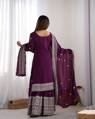 Function Wear Purple Color Pure Heavy Chinon Silk With Embroidery And 5mm Sequence Work Sharara Suit