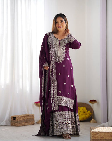 Function Wear Purple Color Pure Heavy Chinon Silk With Embroidery And 5mm Sequence Work Sharara Suit