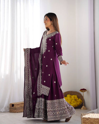 Function Wear Purple Color Pure Heavy Chinon Silk With Embroidery And 5mm Sequence Work Sharara Suit