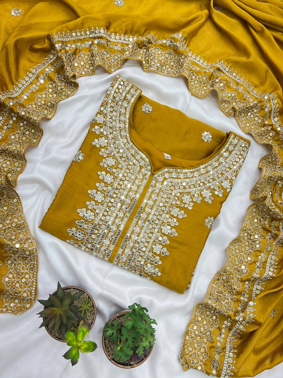 Function Wear Mustard Color Pure Heavy Chinon Silk With Embroidery And 5mm Sequence Work Sharara Suit