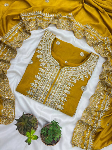 Function Wear Mustard Color Pure Heavy Chinon Silk With Embroidery And 5mm Sequence Work Sharara Suit