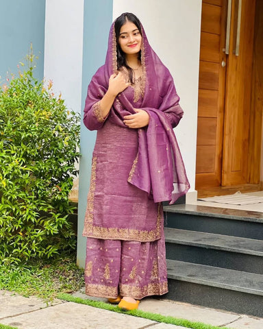 Reception Wear Lavender Color Heavy Crunchy Silk With Heavy Embroidery Sequence Work Sharara Suit