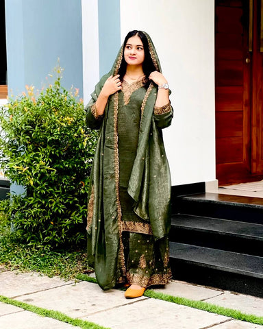 Reception Wear Mahendi Green Color Heavy Crunchy Silk With Heavy Embroidery Sequence Work Sharara Suit