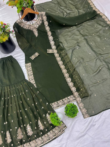 Reception Wear Mahendi Green Color Heavy Crunchy Silk With Heavy Embroidery Sequence Work Sharara Suit