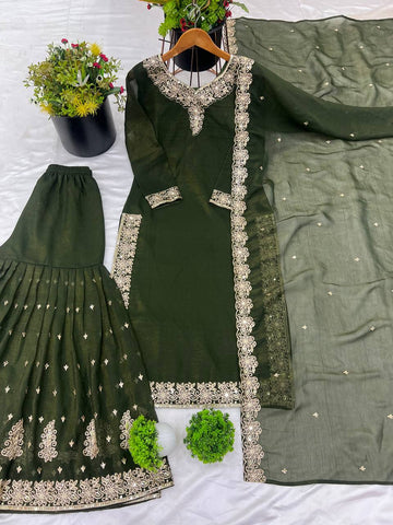 Reception Wear Mahendi Green Color Heavy Crunchy Silk With Heavy Embroidery Sequence Work Sharara Suit