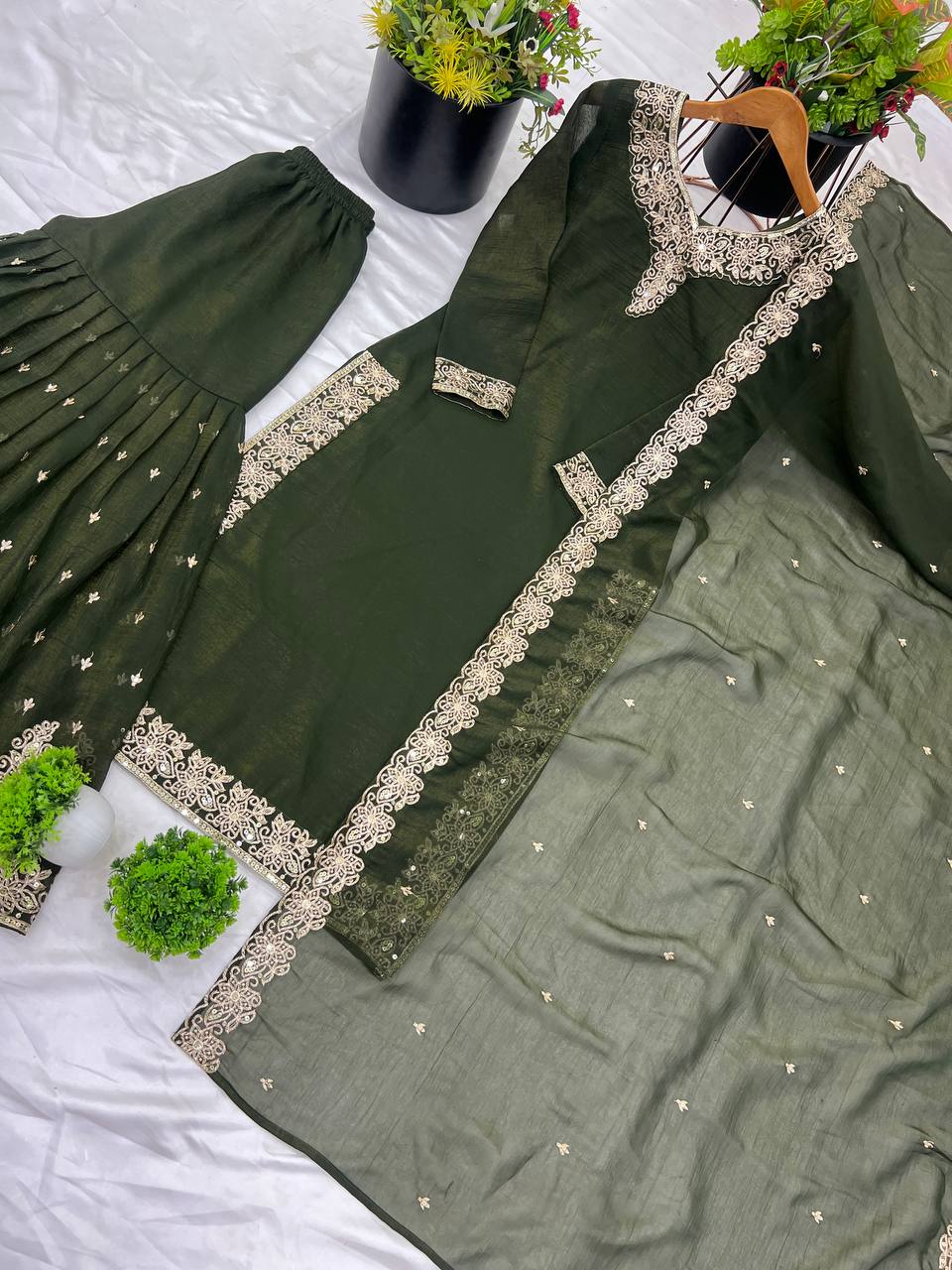 Reception Wear Mahendi Green Color Heavy Crunchy Silk With Heavy Embroidery Sequence Work Sharara Suit