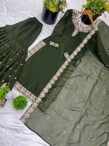 Reception Wear Mahendi Green Color Heavy Crunchy Silk With Heavy Embroidery Sequence Work Sharara Suit