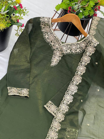 Reception Wear Mahendi Green Color Heavy Crunchy Silk With Heavy Embroidery Sequence Work Sharara Suit