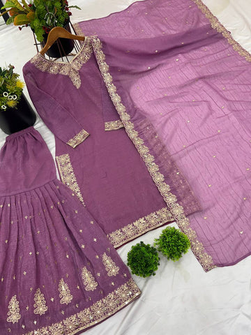 Reception Wear Lavender Color Heavy Crunchy Silk With Heavy Embroidery Sequence Work Sharara Suit