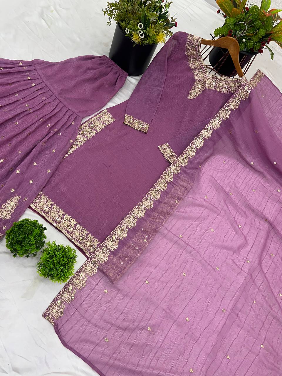 Reception Wear Lavender Color Heavy Crunchy Silk With Heavy Embroidery Sequence Work Sharara Suit